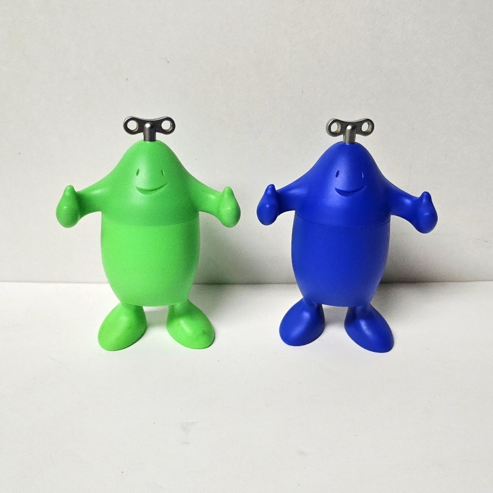 RARE Alessi Salt & Pepper Mill character-shaped with windup key Blue & Green